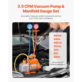 3.5 CFM HVAC Single Stage Rotary Vane Vacuum Pump and Manifold Gauge Kit Compatible with R134a, R22, R12, R502, R502, R410A,