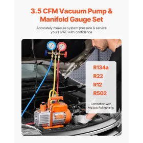 3.5 CFM HVAC Single Stage Rotary Vane Vacuum Pump and Manifold Gauge Kit Compatible with R134a, R22, R12, and R502 Refrigerants