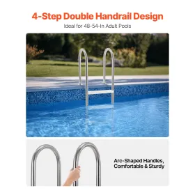 4-Step Stainless Steel Pool Ladder of 2 Handrails for 54 In Decked Pools