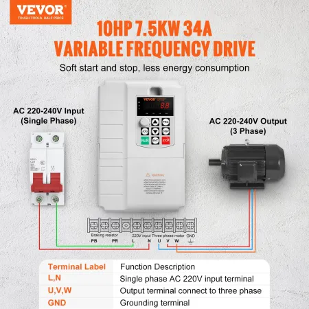 VFD 7,5 kW, 34A, 10 hk variabel frekvensdrev til 3-fase
