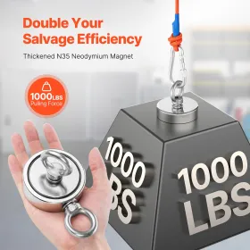 1000 LBS Strong Fishing Magnet Kit Double-Sided Pull Force Rope Carabiner