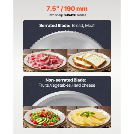 Meat Slicer, 7.5 inch Electric Deli Food Slicer, 180W Meat Cutter with two Premium SUS420 Blades, 0-0.6 inch Adjustable Thicknes