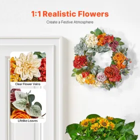 Artificial Decorative Wreath 24 in Red Orange Yellow Hydrangeas Roses