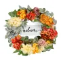 Artificial Decorative Wreath, 24 in, Red Orange Yellow, Decorated with Hydrangeas, Roses, Wooden Sign, Year Round Wreath for All