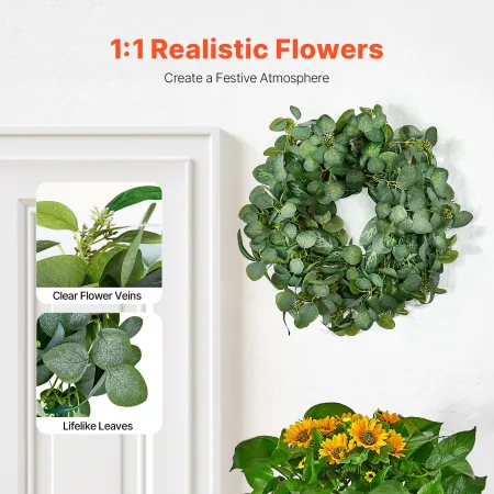 Artificial Decorative Wreath, 26 in, Green, Decorated with Eucalyptus Leaves, Berries, Thorny Stems, Year Round Wreath for All S