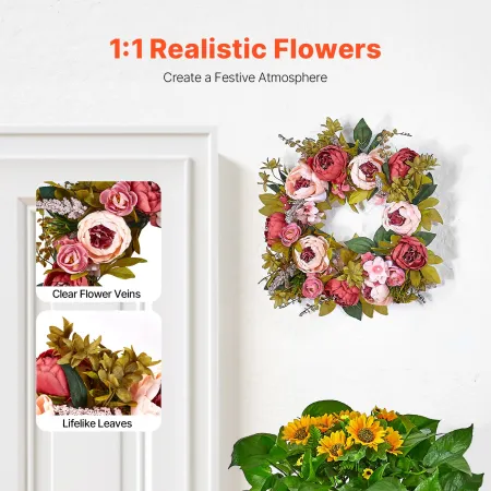 Artificial Decorative Wreath, 19 in, Pink, Decorated with Peonies, Hydrangeas, Babysbreath, Year Round Wreath for All Seasons In