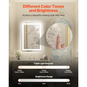 LED Bathroom Mirror 3 Colors Anti-fog Wall Mounted Vanity Mirror 50 x 70cm