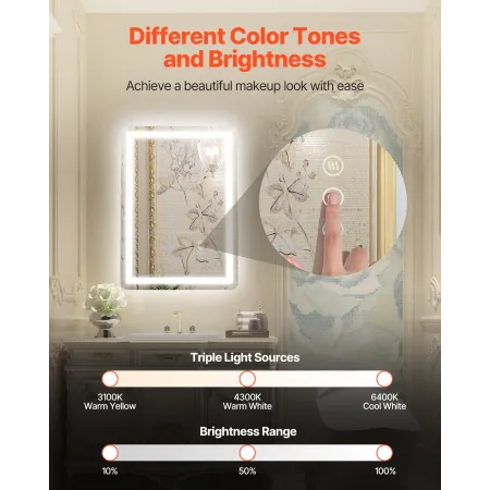 LED Bathroom Mirror, 50 x 70 cm LED Bathroom Vanity Mirror with Frontlit and Backlit, Anti-Fog Memory Mirror with Lights, Steple