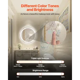 LED Bathroom Mirror 3 Color Anti-fog Wall Mounted Round Vanity Mirror 60cm