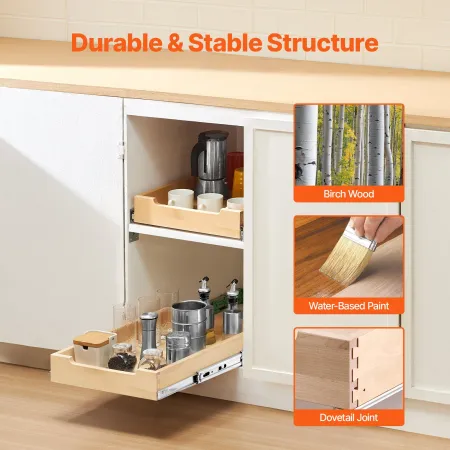 Pull Out Cabinet Organizer, 14"W x 21"D Cabinet Drawer, Soft Close Slide out Shelf, Heavy-Duty Sliding Wood Drawer, Bottom and S