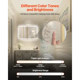 LED Bathroom Mirror 3 Color Anti-fog Wall Mounted Vanity Mirror 70 x 100cm