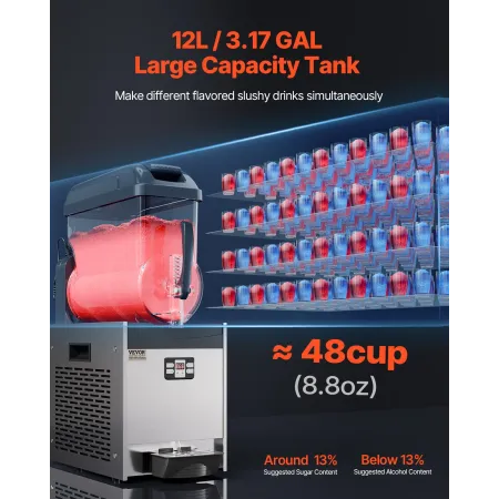 Commercial Slushy Machine, 12L Single Tank Frozen Drink Machine, 48 Cups Stainless Steel Margarita Smoothie Frozen Drink Maker, 