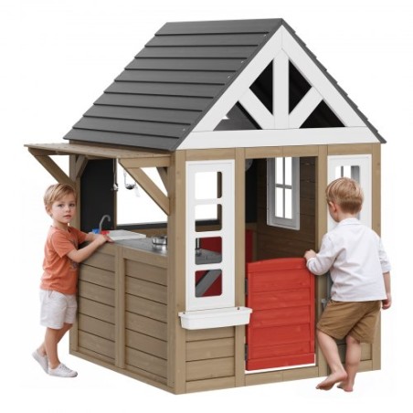 Outdoor Wooden Playhouse Kids Garden Games Cottage with Door Window Sink