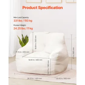 3 feet Bean Bag Chair with Soft Armrests and Storage Pocket White