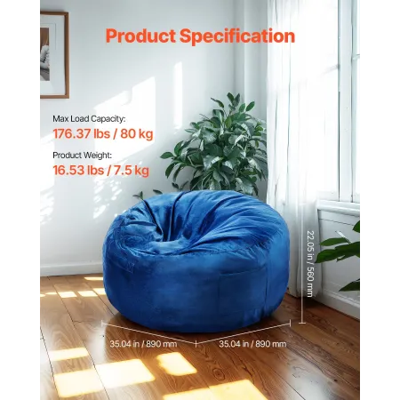 Bean Bag Chair, 3 feet Round Bean Bag Chair with Removable and Washable Cover, 25D Memory Foam Filled with Soft and Smooth Dutch