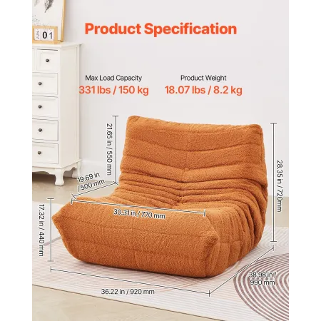 Bean Bag Chair, L-Shaped Bean Bag Chair with Soft Armrests and Storage Pocket, 25D Memory Foam Filled with Soft Teddy Velvet Cov