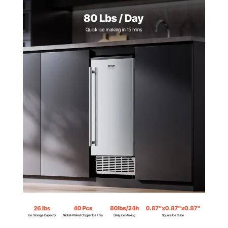 Undercounter indbygget isproducent 80 lbs/dag med drænpumpe