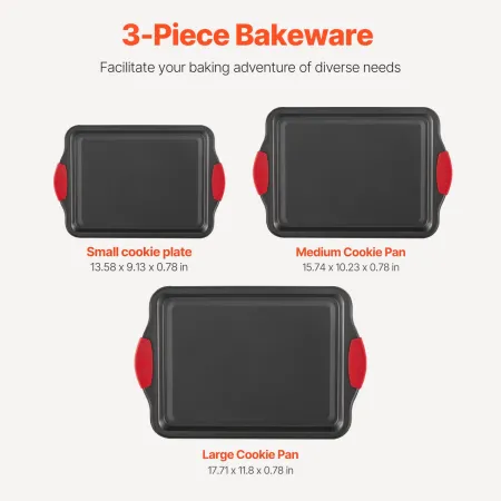 Baking Pans Set, 3-Piece, Nonstick Carbon Steel Cookware Sheets & Trays, Stackable Kitchen Oven Bakeware Cooking Sets with Silic
