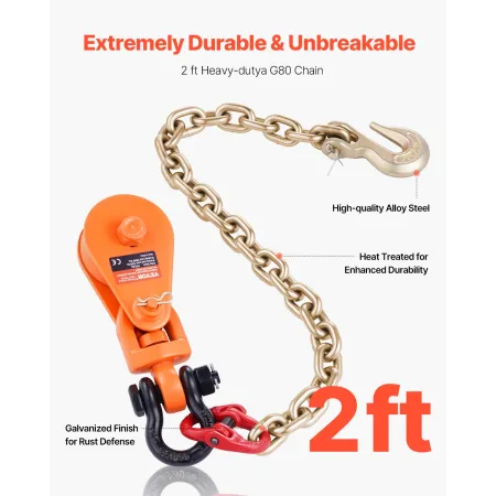 2 Ton Snatch Block with G80 Chain, Swivel Shackle, 3" Sheave for 3/8" Wire Rope, Snatch Block Pulley for Towing and Recovery App