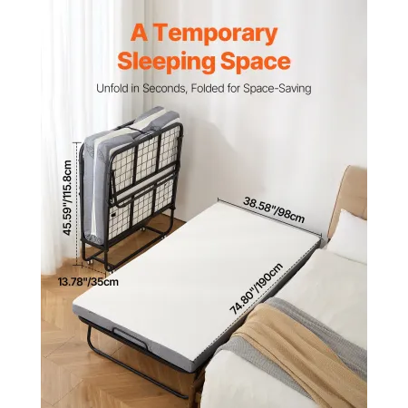 Rollaway Bed, 38 in x 75 in Folding Bed with 4 in Mattress, Twin Size Foldable Bed with Sturdy Metal Frame & Memory Foam Mattres