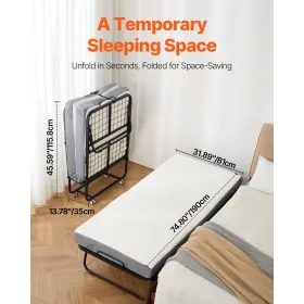 Rollaway seng foldning seng med 4 tommer skummadras til voksne