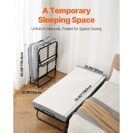 Rollaway seng foldning seng med 4 tommer skummadras til voksne