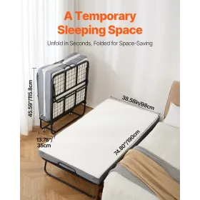 Rollaway Bed Folding Bed with 5 in Foam Mattress for Adults and Guest