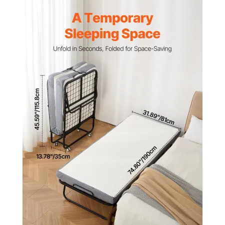 Rollaway seng foldning seng med 5 tommer skummadras til voksne