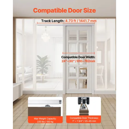 Sliding Pocket Door Hardware Track Kit, 4.73 ft Heavy Duty Pocket Door Hardware Kit, Commercial Grade Pocket Door Hardware and T