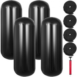 4 Ribbed Boat Fenders 10"x28" Black Center Hole Bumpers Mooring Protection