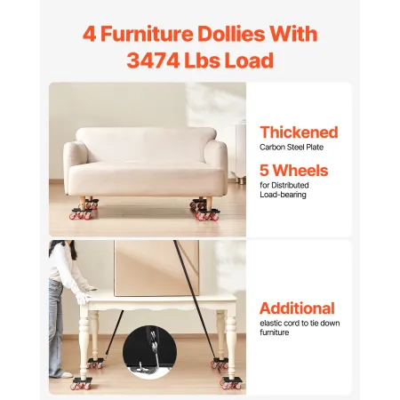 Furniture Dolly, Maximum Load 3474 lbs, Heavy Duty Furniture Movers with 5 360° Rotation Wheels, Carbon Steel Panel, Furniture L