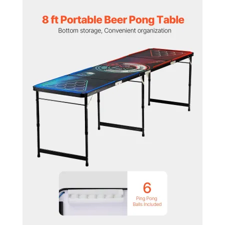 8 Foot Portable Beer Pong Table, LED Lights, Foldable Tailgate Table with Carrying Handles and 6 Pong Balls, Adjustable Height, 