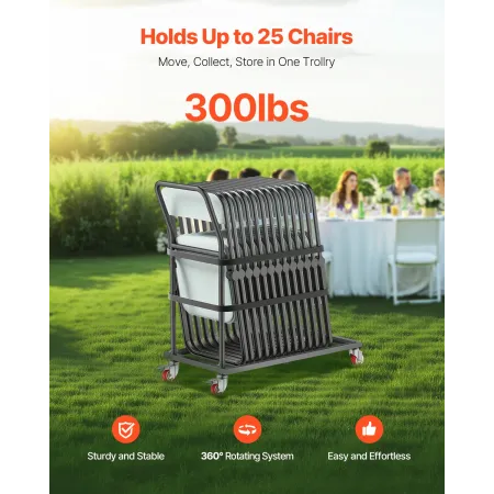 Folding Chair Rack, 300 LBS Capacity, L-shape Vertical Placement Chair Cart for 25 Chairs, Heavy-duty Metal Chair Storage Dolly 
