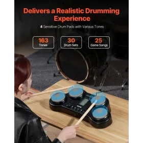 Electric Drum Set Tablet 4 Pads 163 Sounds Headphone Jack stereohøjttalere