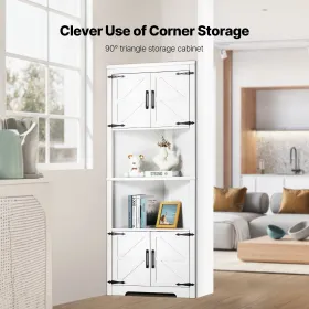 68" Corner Storage Cabinet with 4 Wooden Doors & Adjustable Shelves White