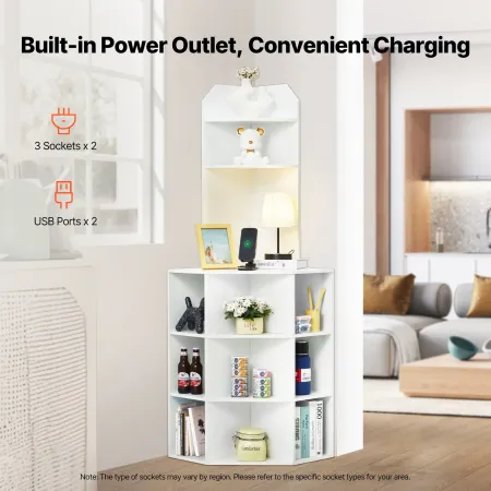 64" Tall Corner Storage Cabinet, 6 Tiers Wooden Storage Cabinet with USB Ports and Outlets & Adjustable Shelves, Freestanding Co