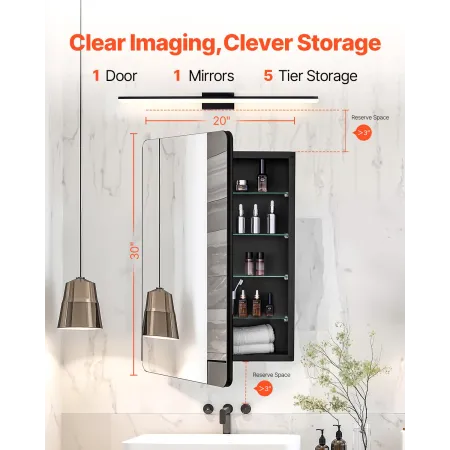 Medicine Cabinet, 20 x 30 inch, Medicine Cabinet for Bathroom with Mirror, Aluminum Frame Bathroom Wall Cabinet, 4-layer Adjusta