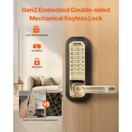 Mechanical Keyless Entry Door Lock, 14 Key Mechanical Door Lock, Mechanical Keypad Door Lock with Handle, Double-Sided Stainless