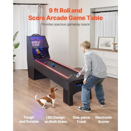 9' Roll and Score Classic Arcade Game Table, Indoor Skeeball Machine Game Set with LED Electronic Scorer, Sound, Automatic Ball 