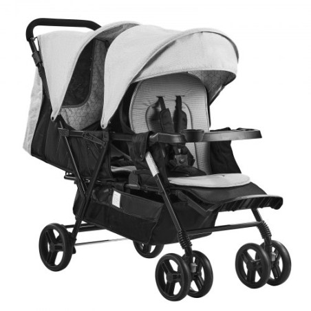 Double Stroller Foldable Lightweight Twin Tandem Stroller Light Gray+Black