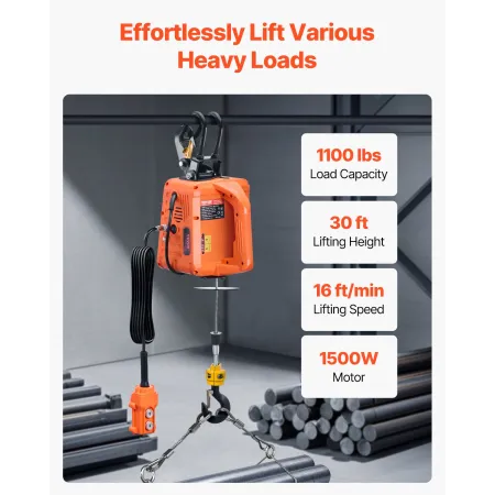 3-in-1 Electric Hoist Winch, 1100 lbs Capacity, 1500W Portable Power Winch, 30 ft Lifting Height, 16 ft/min with Wire and Wirele