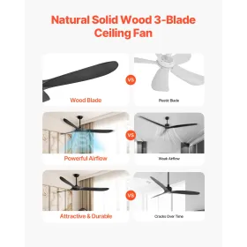 72" Wood Blade Ceiling Fan No Light Remote Control Reversible Motor Black