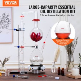 Essential Oil Distillation Kit, 2000ml Distillation Apparatus, 3.3 Boro Lab Glassware Distillation Kit with 1000W Heating Plate