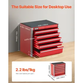 Værktøjskasse 8,6-tommer bærbar metalværktøjskasse 5 skuffer værktøjsarrangør rød