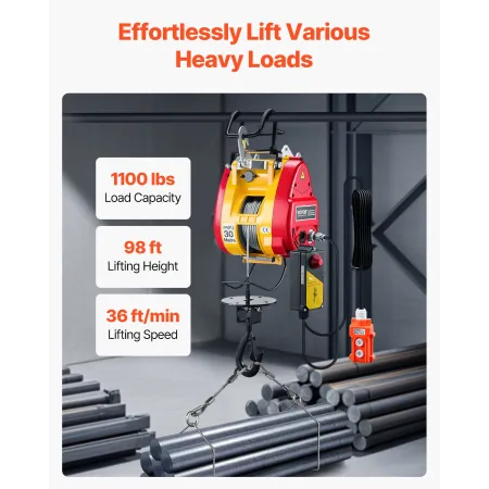2-in-1 Electric Hoist Winch, 1100 lbs Capacity, 1800W Portable Power Winch, 98 ft Lifting Height, 36 ft/min with Wire and Wirele