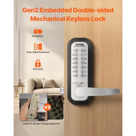 Mechanical Keyless Entry Door Lock, 14 Key Mechanical Door Lock, Mechanical Keypad Door Lock with Handle, Double-Sided Stainless