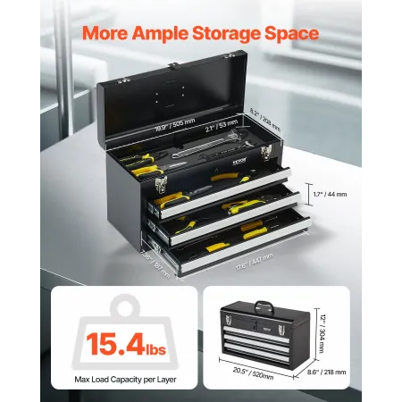 Metal Tool Box, 20.5-inch, Portable Metal Tool Box with 3 Drawers, Small Tool Chest with EVA Liners, Ball Bearing Slide Drawers 