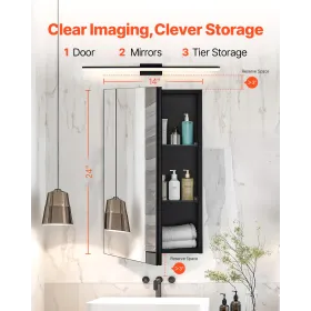 Medicine Cabinet, 14 x 24 inches, Medicine Cabinet for Bathroom with Mirror, Aluminum Frame Bathroom Wall Cabinet, 2-layer Adjus