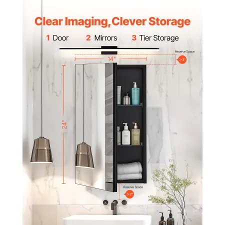Medicine Cabinet, 14 x 24 inches, Medicine Cabinet for Bathroom with Mirror, Aluminum Frame Bathroom Wall Cabinet, 2-layer Adjus