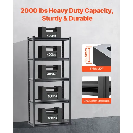 Storage Shelves, 2000 lbs, 5 Tier Garage Storage Shelving, 16" D x 32" W x 72" H Adjustable Metal Shelves for Garage Shelves Uti